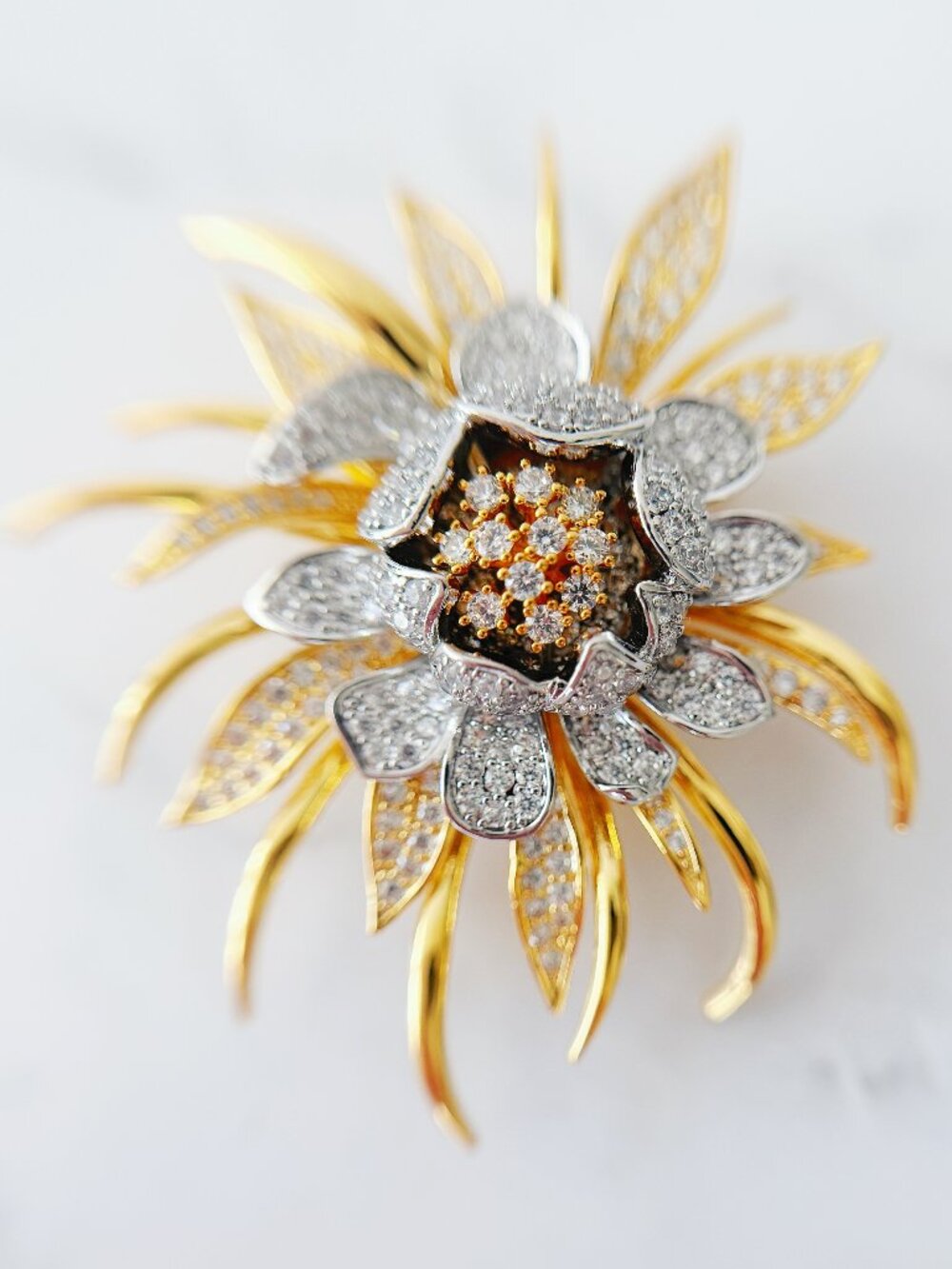 Gold and Silver Tone Flower Brooch Pin with Clear Rhinestones, Statement Jewelry